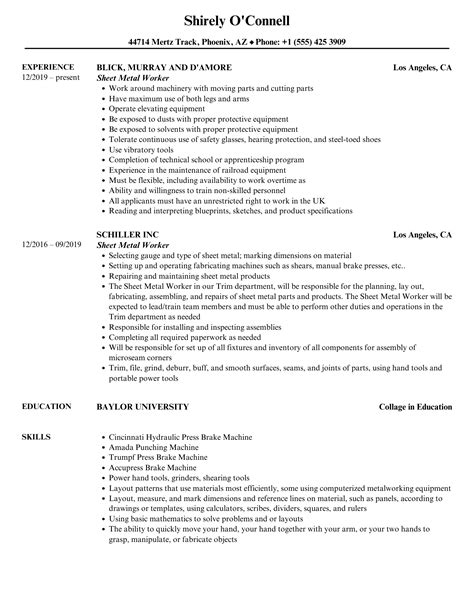 sheet metal worker resume example|sheet metal resume sample.